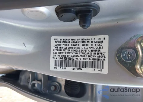 2013 Honda Civic Ex-L z USA, uszkodzony, nr VIN 19XFB2F92DE277879